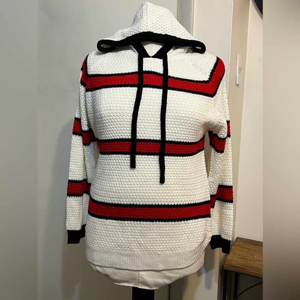 Caren Sport Cream Hooded Sweater w/ Red & Black Stripes (Never Worn)